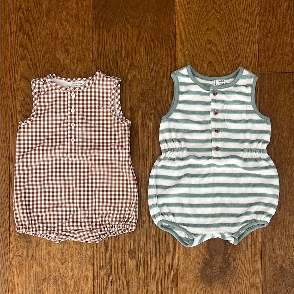 Janie and Jack - Brown Gingham and Green Striped Baby Rompers 6 to 12 months